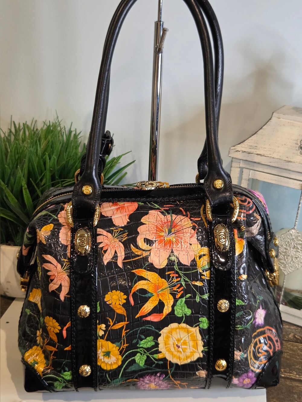 Marino Orlandi mo4670 Cocco Fiori Nero Bowler Bag